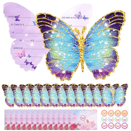 12 Pièces Carte Invitation Anniversaire Fille, avec 12 Enveloppes, et Auto-adhésif Autocollant, Cartes D'Invitation Papillon, Invitation Anniversaire...