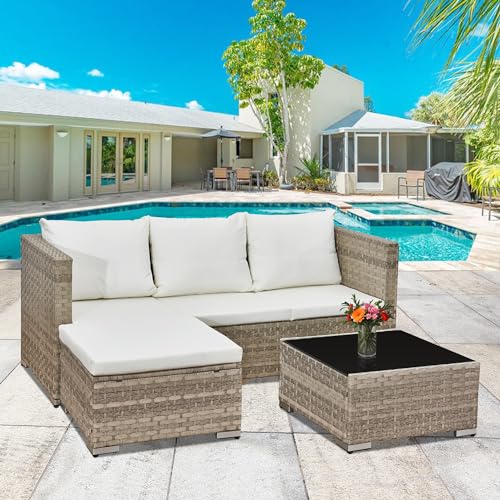 Aweather 3 Pcs Rattan Garden Furniture Sets Outdoor Corner Sofa, All-Weather Handwoven PE Sofa Set,...