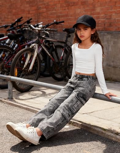 Image of Tween Girls Clothes 2 Piece Long Sleeve Top + Denim Cargo Pants, Teen Girls Fall Clothing Set, Sizes 5-12 Years