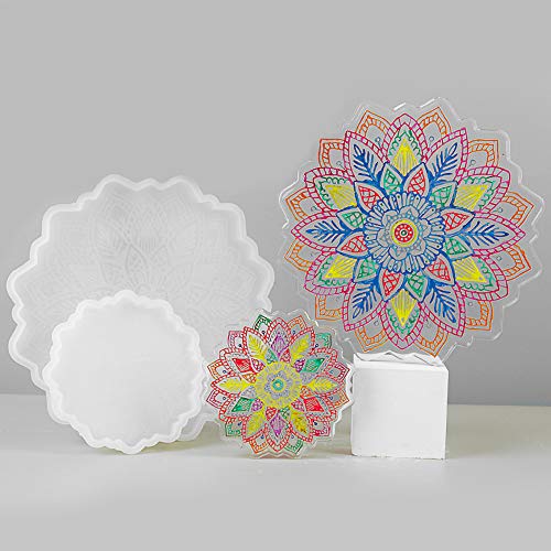 Mandala Resin Coaster Molds, AHTONG 4PCS Stylish Mandala Flower Pattern Coaster Resin Molds,Coaster Epoxy Molds,Glossy Silicone Resin Molds for Making Coaster,Cups Mats,Home Decoration