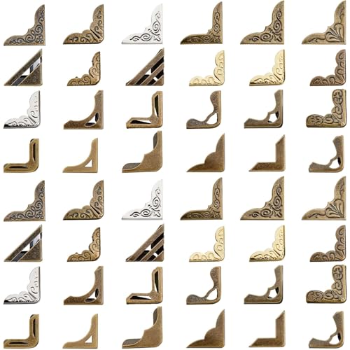 Image of 48 Pcs Metal Book Corners Protectors Guard,Vintage Iron Triangle Corner Cover witg Carved Decorative,Triangle Book Edge Cover Guard,for Protecting Photo,Album,Notebook and Scrapbook Corners