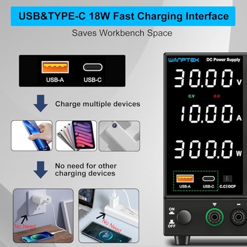 WANPTEK POWER Alimentation de Laboratoire 30V 10A, Bloc d’Alimentation DC Réglable avec Écran LED 4 Chiffres, Ports USB-A/Type-C et Fonction OCP, Haute Précision – vue 4
