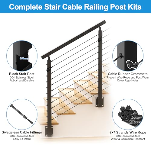 Image of 4-12FT 36 inch Side Mount Stair Railing Post Kits Include 2Pack Left Side Stair Posts, 150FT Wire Rope, Fasica Mount Deck Stair Railing System, 1 /8 inch Stainless Steel Black Wire Railing Kits, RG72