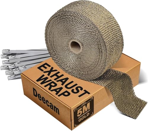 Deecam Exhaust Wrap Exhaust Heat Wrap 5M Glass Fiber Exhaust Tape Bandage with 10 Pcs Self-locking Stainless Steel Cable Ties Used for Motorcycle Car Pipe Insulation (Gold)