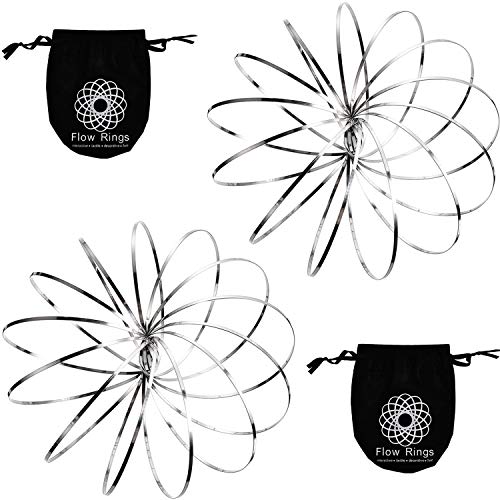 Maxdot 2 Pack Flow Ring Spinner Ring Arm Toy Interactive 3D Sculpture Ring for Kids Teens Adults Spinning Metal Globe Slides Down Arms (Silver)