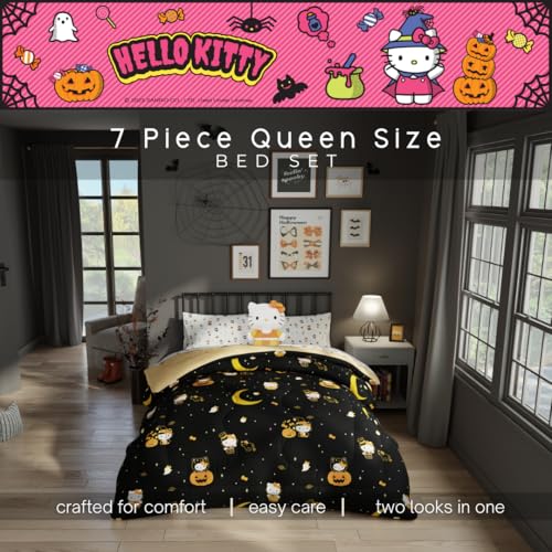 Image of Sanrio Hello Kitty Halloween Pumpkin Queen Bed Set - Super Soft & Cozy 5 Piece Reversible Comforter and Sheet Set (Officially Licensed Product) by Franco