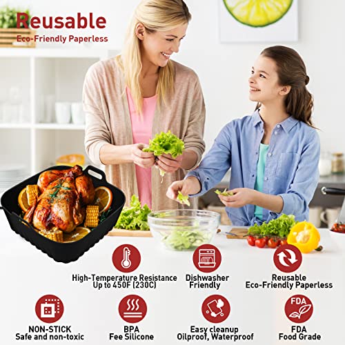 Image of Square Silicone Air Fryer Liners - 9 Inch Reusable Inserts for 6 to 9 QT Air Fryers (1 Pcs Black)