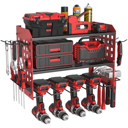 Yeabett 3 Layer Power Tool Storage, Tool Rack for 4 Drill Holders, Heavy Duty Wall Mounted Rack for Garage, Home, Workshop (Red)