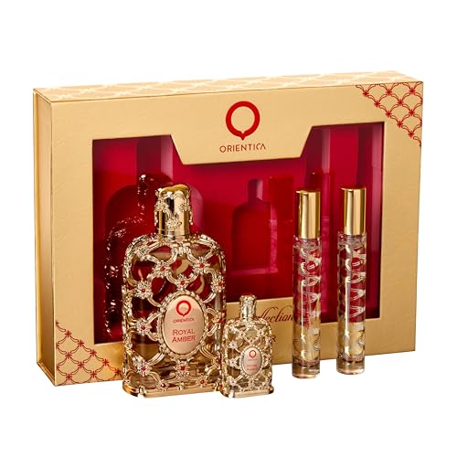 Image of Orientica Luxury Royal Amber 4 Pc Perfume Gift Set - Notes of Vanilla, Bergamot, Pineapple - Amber Oud, Gourmand Arabic Perfume for Women & Men - Perfumes Arabes de Mujer y Hombres