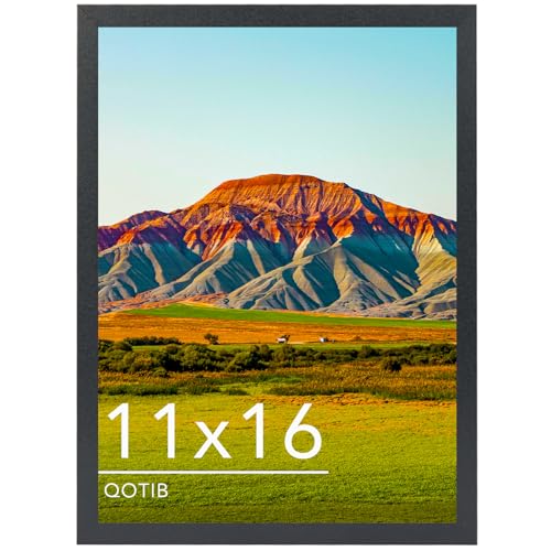 QOTIB 11x16 Picture Frame Black for Wall Mounting, Horizontal and Vertical Formats for Wall Hanging, Wood 11x16 Frame, Black, 1 Pack