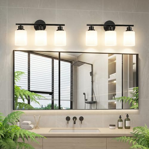 Image of Unicozin 3 Light Bathroom Light Fixtures, Modern Vanity Lights with Milky Glass Shade, Black Wall Lamp Over Mirror for Bathroom, Living Room, Cabinet, Bedroom, E26 Base