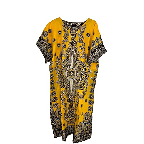Robe longue Caftan pour femmes, 100 % coton, robe d'été, Dashiki, imprimé africain, taille unique, style décontracté, couverture de plage, jaune, taille unique