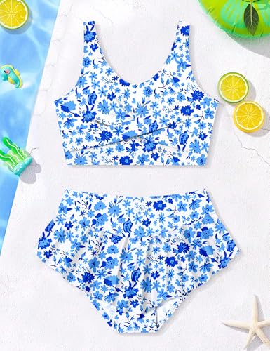 Image of Qaoerde Girls Swimsuit Tropical Print Bikini Set with Ruffle Hem Two Piece Criss Cross Bathing Suits for Girls 7-16 Years
