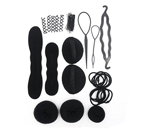 1SET Black Fashion Hair Design Styling Tools-Hair Volume Bump it Up Hair Tie Hair Pin Hair Clip Bun Maker Pull Hair Needle Donut Braiding Tool Kit