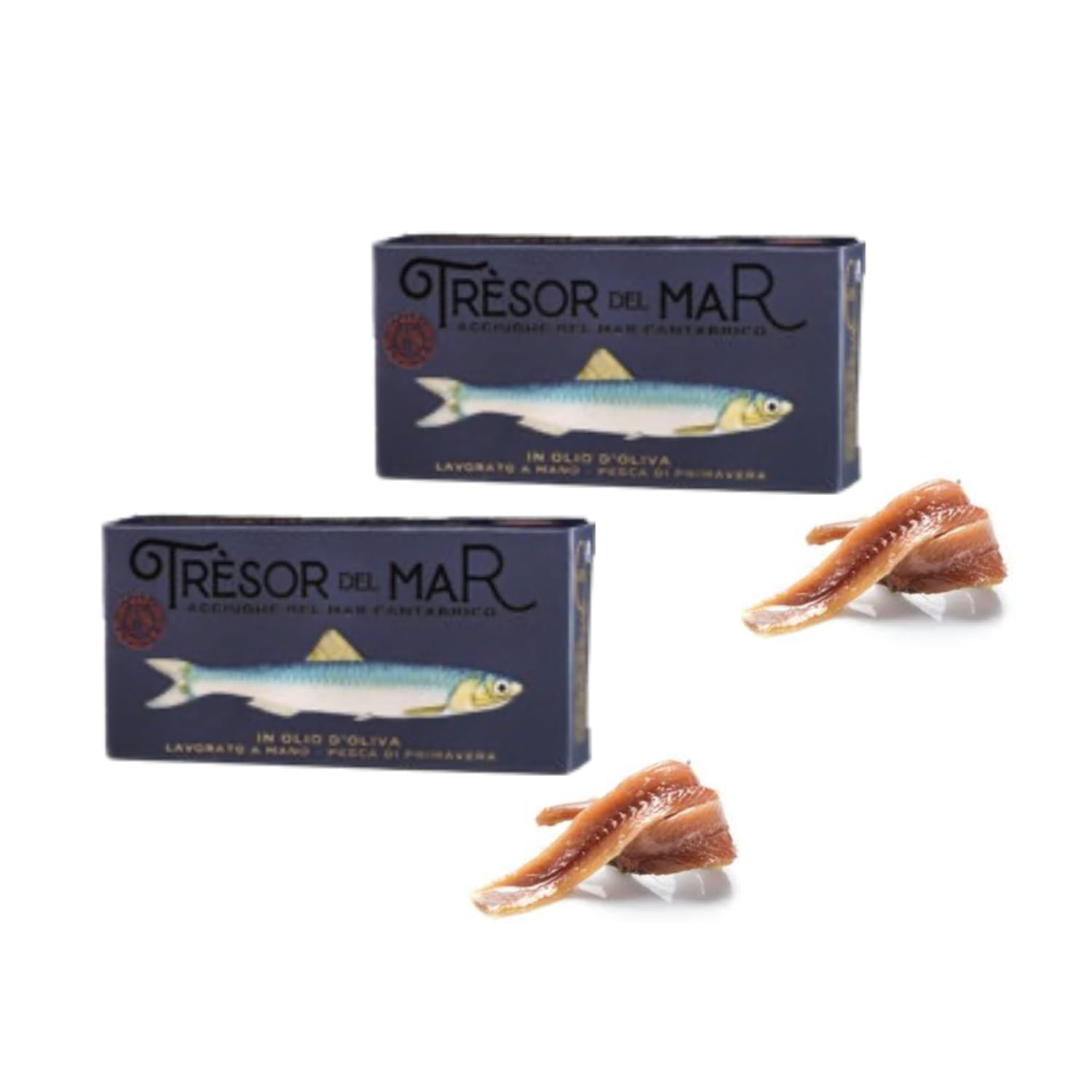 Tresor del Mar | Filetti Alici Mar Cantabrico Olio Oliva | Acciughe Mar Cantabrico Lavorazione Manuale | Acciughe Pesca Primavera - 2 x 50 Gr Peso Netto