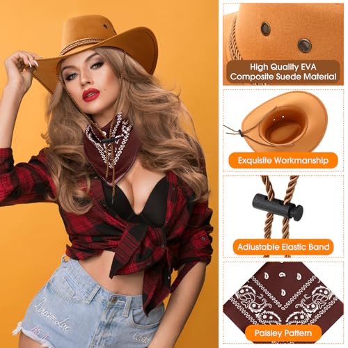 Image of Zhanmai 12 Pcs Cowboy Hat and Bandana Cowboy Cowgirl Hats Bulk Western Party Costume Halloween Accessory