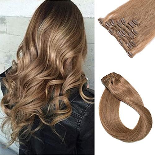 Clip in Real Human Hair Extensions 70 Gram 7 Pieces Silky Straight Double Weft Golden Brown Remy Hair Extensions Seamless Clip on Hair Extensions for Women 18 Inch