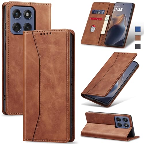 Jasonyu Cover per Motorola Edge 60 Fusion Flip Custodia in Pelle PU, Cover a Libro Portafoglio, Funzione Supporto, Magnetica, Slot Schede, TPU Bumper Caso Custodia (Marrone)