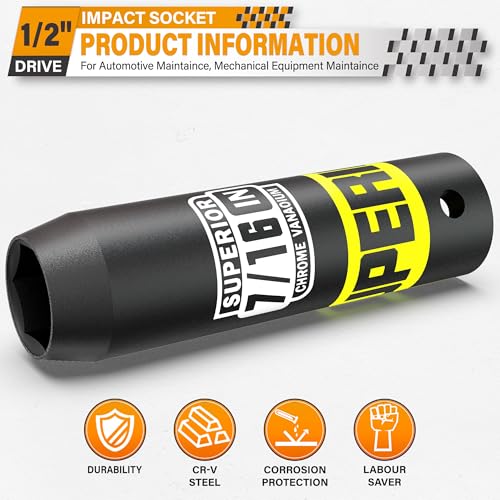 Image of 1 /2 inch Drive Impact Socket, 7 /16 inch Deep Socket, SAE, 6 Point, CR-V, for Car Repair, Loosen the Fastening Nut