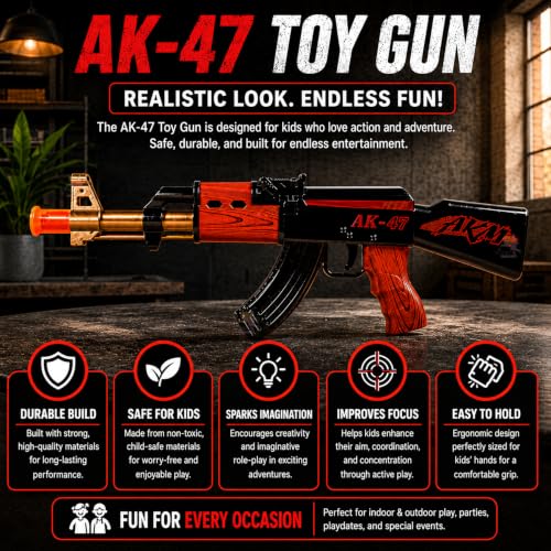 Image of Wishkey AK-47 Toy Gun for Kids with Light & Sound, Battery Operated Assault Rifle Toy, Realistic Pretend Play Gun with LED Lights & Music, Role Play Gift for Boys & Girls Age 3+ Years