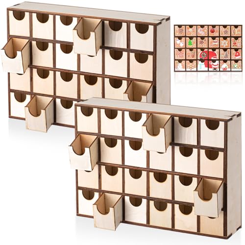 Sliner 2 Pcs Christmas Wooden Advent Calendar with 24 Drawers Countdown to Christmas Storage Organizer, DIY Unfinished Storage Box Apothecary Cabinet Ready to Decorate for Kids Gift Craft