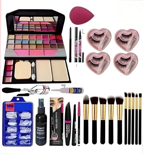 Image of SHISHI TYA 6155 Makeup Kit with 10 Black Makeup Brushes Set, Artificial Nails Kit,3In1 Combo, Fixer,Kajal, Curler, 4 Eyelashes, Beauty Blender - (Set Of 14)