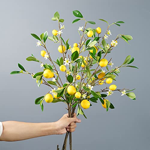 PRTECY 3 PCS Artificial Lemon Branches, 32.3 Inch Yellow Lemon with Green Leaves Stems Simulation Lemon Tree Plants Picks for Kitchen Party Decoration Table Centerpiece