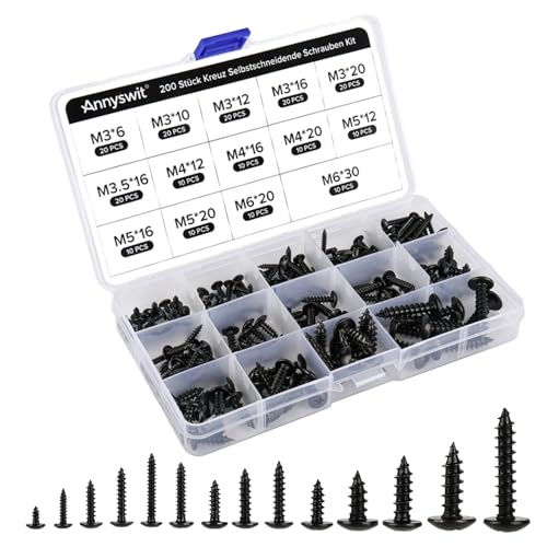 Annyswit 200 Stück Schwarz Kreuz Blechschrauben Sortiment, M3 M3.5 M4 M5 M6 Kleine Selbstschneidende Schraubenset, Kohlenstoffstahl Screws, Blechschrauben Selbstschneidend für Hausgemachte Reparatur