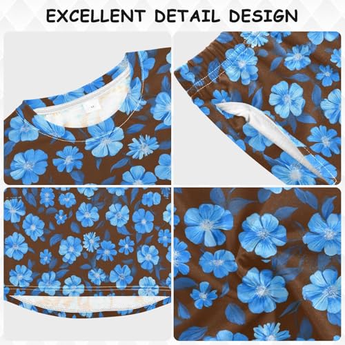 Floral Blue Pattern Print Soft Pajama Set for All Seasons,Breathable Pjs Long Sleeve Sleepwear,Comfy Loungewear 2 Piece Underwear Set 8T3