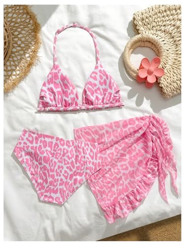 Image of SHENHE Girl's 3 Piece Swimsuits Cute Halter Triangle Bikini Bathing Suit with Beach Cover Up