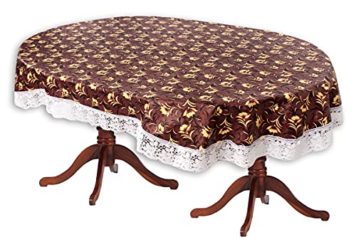 Image of The Furnishing Tree Waterproof PVC Oval Shaped 8 Seater Table Cover WxL 60x90 inches Floral Pattern Coffee Brown with White Border lace