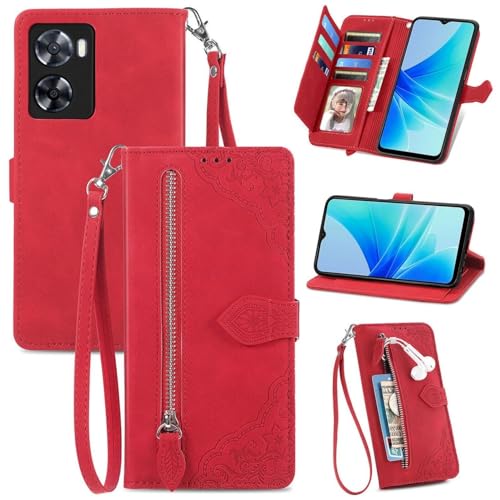 Genérico compatible con OPPO A77 5G Color: (rojo) Patrón de cremallera cartera de cuero Flip Back Case retro