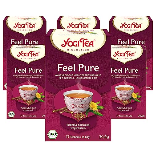 Yogi Tea Feel Pure, Ayurvedischer Bio Gewürzteevon Natur aus Koffeinfrei, Gewürzmischung aus Süßholz, Löwenzahn und Zimt, 6x17 Beutel (102 Teebeutel insgesamt)