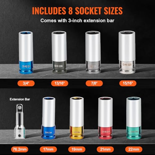 Image of VEVOR 9-Piece Lug Nut Impact Socket Set 1 /2 Inch Drive, Metric and SAE, 6-Point, CR-MO, Deep Wheel Protector Impact Socket Set With Storage Case and Extension Bar for Auto Repair