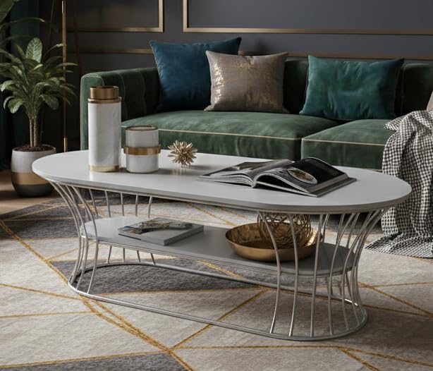 Image of Metal Oval Coffee Table Living Room Sofa Side Cabinet Small Table Creative Household Removable Coffee Table (Silver White)