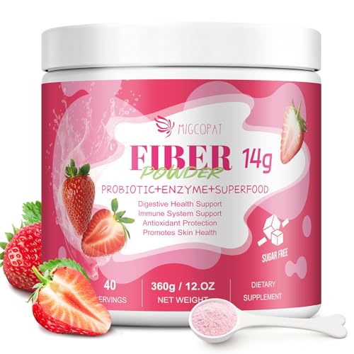 Migcopat 14G Fiber Supplement with Probiotics, Prebiotics, Digestive Enzymes, Vitamin C, Magnesium, Fruit&Herb Powder, Fiber Powder for Digestive Health & Skin Health, No Sugar, Strawberry, 40 Serv.