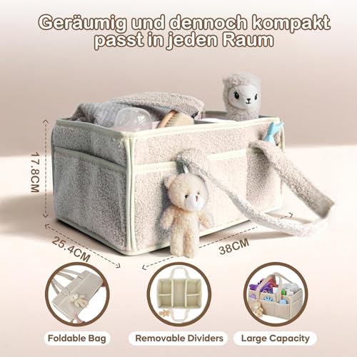 Wickeltasche Organizer, Wickeltisch Organizer, Tragbarer Wickelkorb mit Herausnehmbaren Fächern, Plüsch Wickelorganizer mit Griffen, Baby Aufbewahrungskorb für Wickel und Babysachen (Cremefarben)