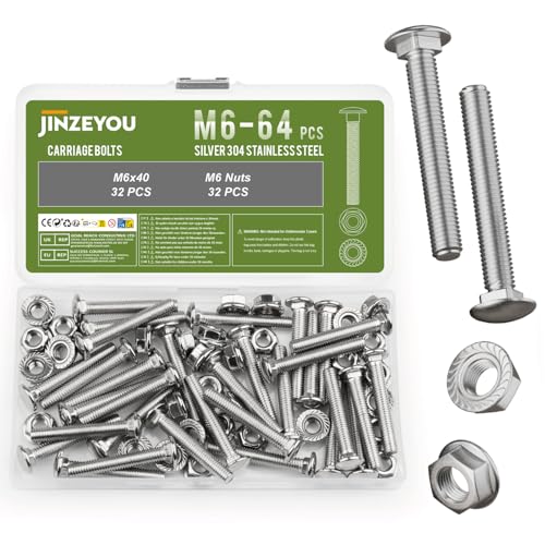 64 tornillos de cerradura M6 x 40 mm, acero inoxidable con tuercas hexagonales, tornillos de cabeza redonda plana con cuello cuadrado, tornillos de cabeza redonda plana con tuercas (M6)