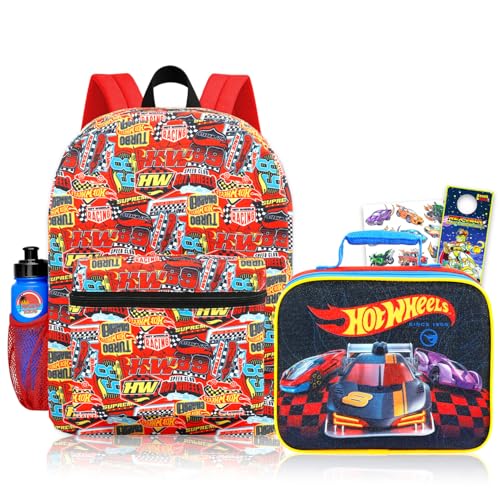 Hot Wheels Mochila e lancheira para meninos, crianças - Pacote com bolsa escolar de carro de corrida de 41 cm, lancheira, garrafa de água, tatuagens, mais | Conjunto de mochila escolar Hot Wheels