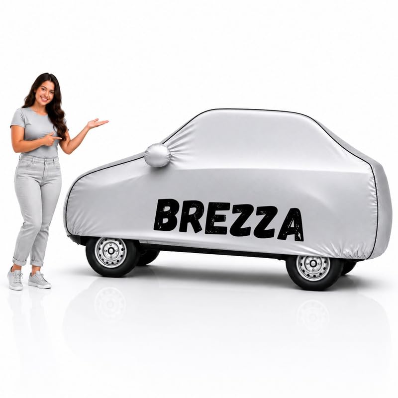 Image of Long-Life 100% Waterproof Brezza Car Body Cover for Dust & Rain, Compatible with All Models of Brezza Car Cover, Comes with Bird Droppings, Scratch, UV and Paint Protection - Silver