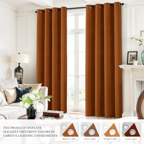 Yakamok Room Darkening 100% Blackout Curtains Grommet Window Treatments with 2 Thick Layers-Burnt Orange Thermal Insulated Drapes Set of 2 Panels for Bedroom Living Room 52 Inches by 84 Inches Length