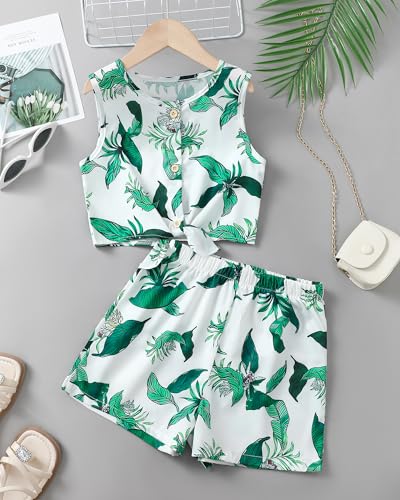 Image of YOURUIKEY Girls Summer Outfits Cute Clothes for Kids Hawaiian Beach Sleeveless Floral Crop Top Shorts Tween Girl Clothing Set