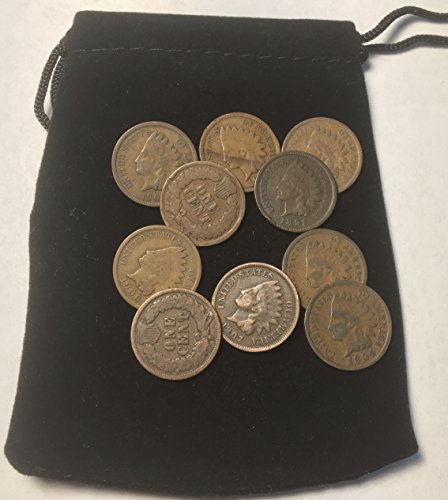 10 Varies Indian head Cents Dates 1880-1909 Good to Very Good Comes in Velvet bag Great Starter Set Good