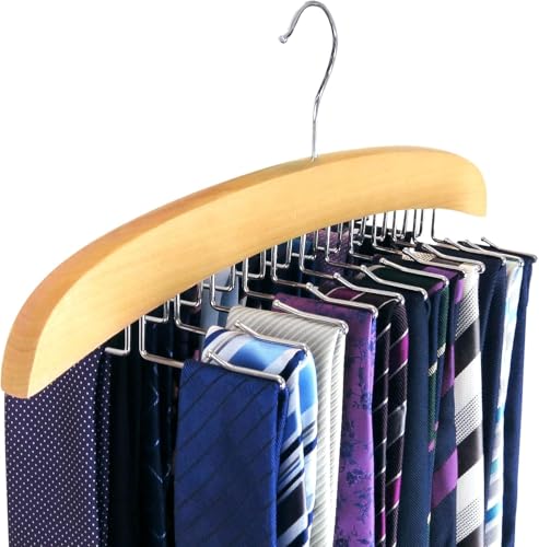 Image of ROLLYWARE Wooden Belt and Tie Hanger for Closet, Premium Tie Hanger with 24 Folding Accessory Hooks Space Saving-Saving Organizer for Closet Tie Rack for Bra Hat Tank Tops (1, Natural Wood)