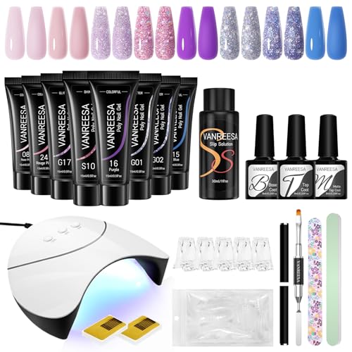VANREESA Kit Unghie Gel Completo, 8 Colori 15ml Blu Viola Kit Ricostruzione Unghie, Set Unghie Gel Ricostruzione con 36W U V Lampada, Base e Top Coat, Regali per Principiante