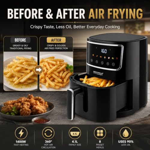Image of SHEFFIELD CLASSIC 4.1L Air Fryer, 1400W Digital with 8 Presets for Easy Cooking - Fry, Grill, Roast, Bake, Uses 90% Less Oil, Family Size, One-Touch, 360 Circulation, Black - Best for Gifting