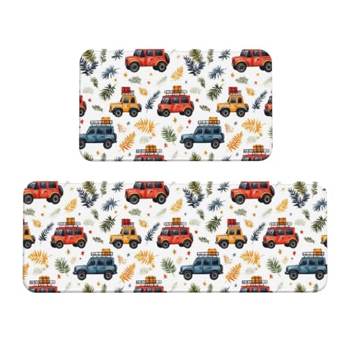 GVYGVY Antifatigue Kitchen Mats for Floor 2 Piece - Cartoon Car Plant Print Kitchen Rugs Washable, Non Slip Runner Rug Standing Mat for Office/Bathroom/Laundry/Home Decor and Accessories