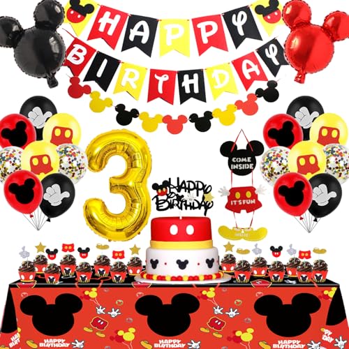 Cartoon Mouse 3rd Birthday Party Decorations - 3 Years Old Boy Party Supplies Includes Birthday Banner Garland, Door sign, Tablecloth, Cake Cupcake Toppers, Mouse Head Balloons, Latex Balloons