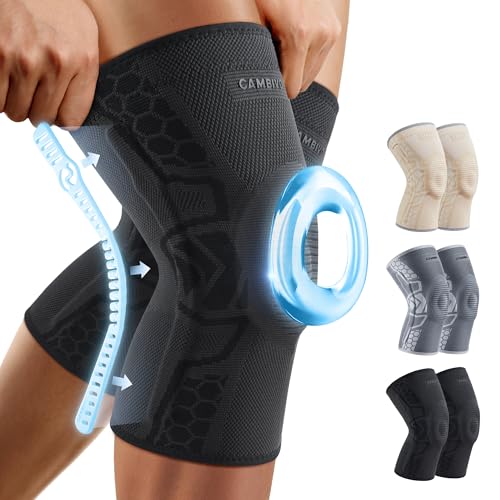 CAMBIVO 2 Pack Knee Brace for Men and Women, Knee Sleeves for Men with Patella Gel Pad and Side Stabilizers, Knee Compression Sleeves for Knee Pain Relief, Running, Workout, Daily Use (STS-Black, Small)