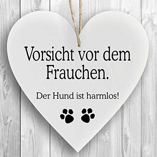 Herzschild Holzherz Holzschild 16 x 16 cm Vorsicht vor dem Frauchen der Hund ist harmlos weiß Dekoschild Wandschild Schild Holz Hundeschild